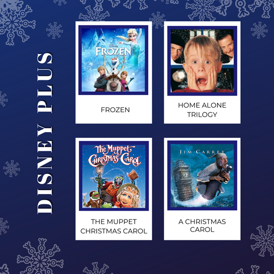 Image of a selection of Christmas themed movies on Disney plus