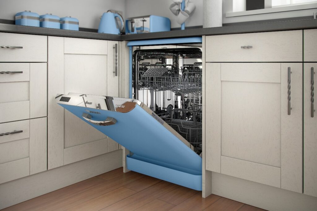 Photograph of the Swan Retro Blue Dishwasher in a white fitted kitchen with blue kitchen appliances