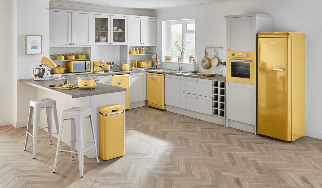 Photograph of a kitchen with lots of yellow appliances