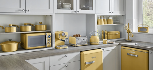 Close up Photograph of yellow swan Retro range kitchen appliances