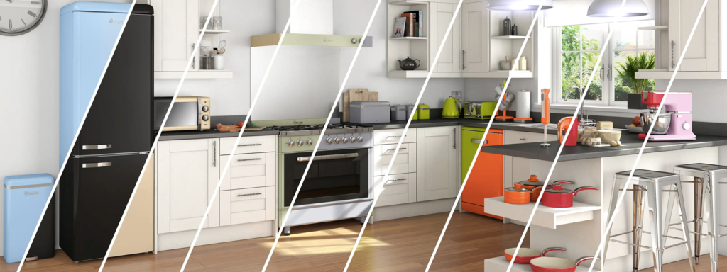 Image of the same kitchen but with a different coloured swan product spliced into the image