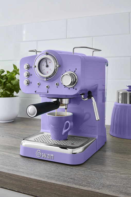 Photograph of a purple Swan Retro Pump Espresso Coffee Machine