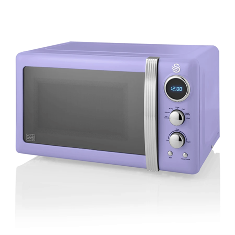 Image of a purple Swan 800W Retro Digital Microwave