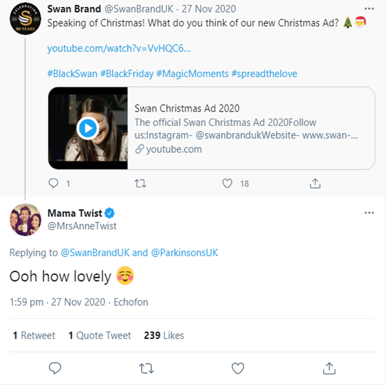 Screenshot from Swan's twitter of someone reacting to the swan Christmas advert