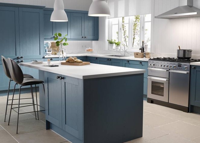 Shaker Five Piece Kitchen with navy blue kitchen island cupboards and cabinets
