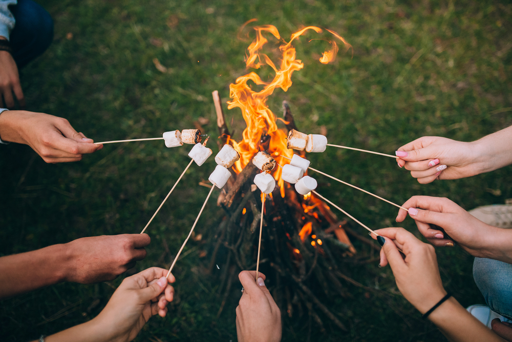 Photograph of marshmellows over a camp fire