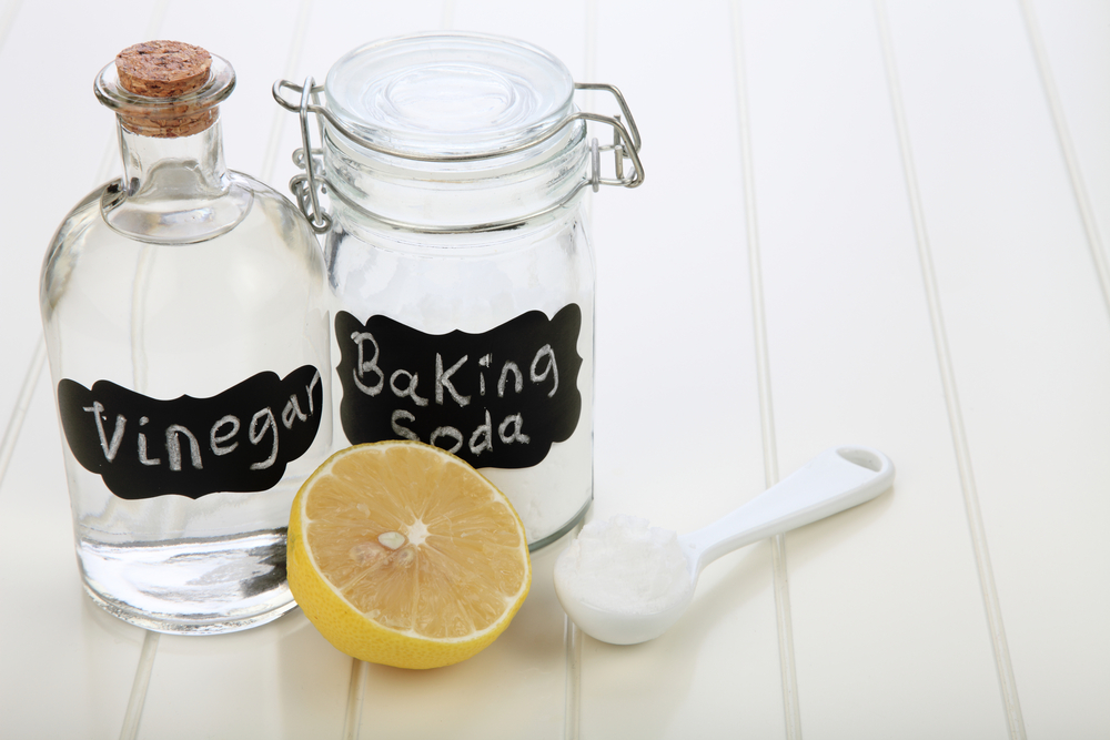 Photograph of clear jars labelled vinegar and baking soda