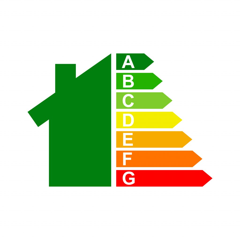 A green house outline with an energy rating on the right