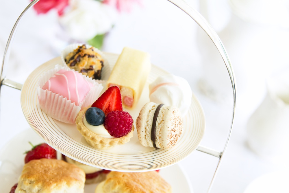 Close up image of an afternoon tea on a cake stand