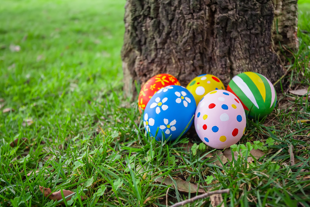 Image of painted easter eggs hidden behind a tree