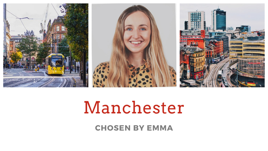 Banner reading "Manchester chosen by Emma" with pictures of Manchester city in the background