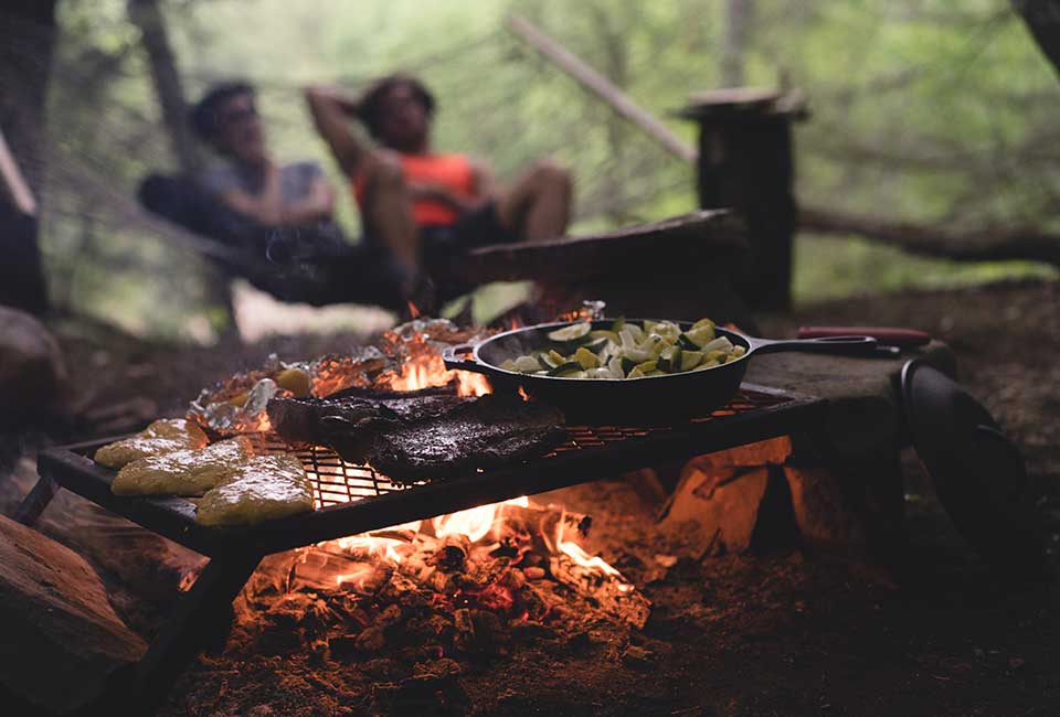 Close-up of a campfire with cooking equipment and a saucepan full of vegetables next to grilled meat