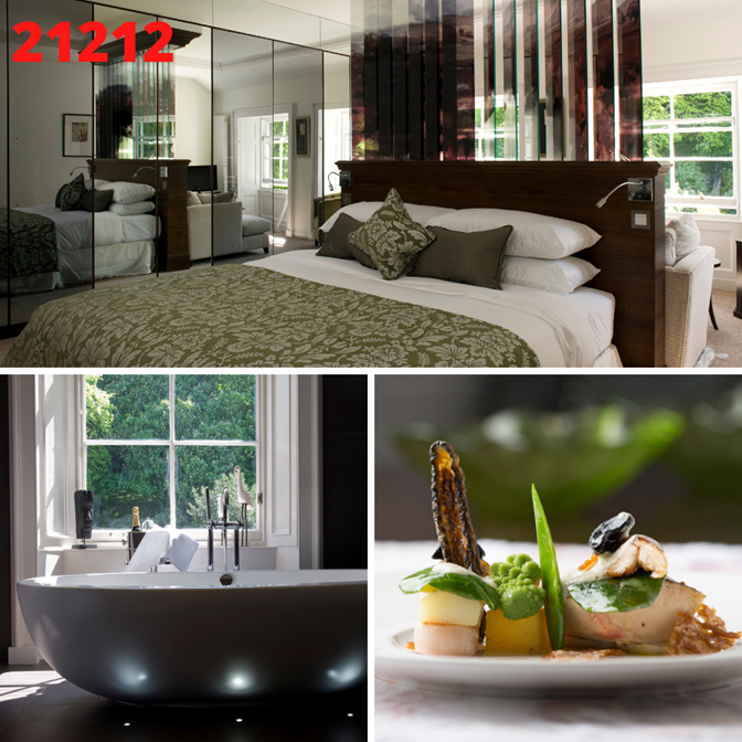 Collage of hotel room, ensuite white bathroom with champagne bottle on windowsill and first-class restaurant food