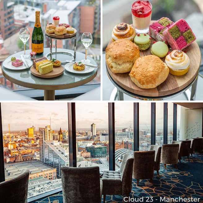 Photograph of Cloud 23 tea sets, scones and the view from their high story lobby