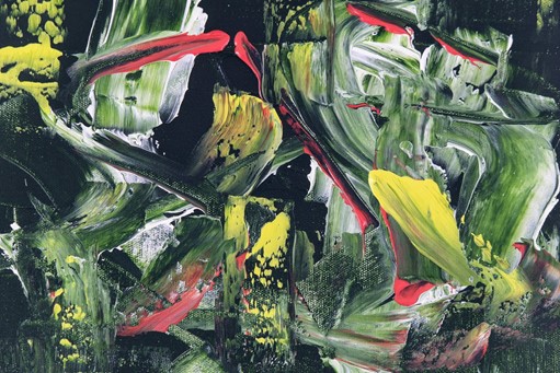 Photograph of an abstract painting with greens, yellows and a small about of red in large brushstrokes