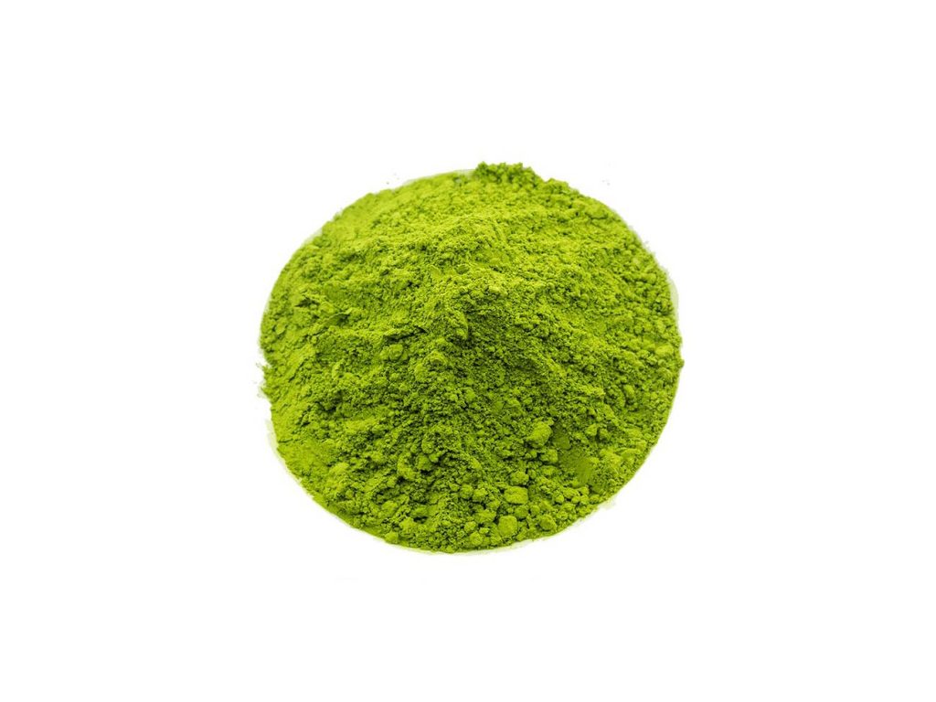 Pile of ceremonial grade matcha powder against a white background