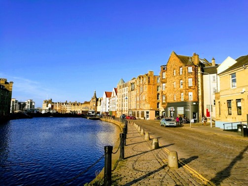 port district of Leith with waterfront restaurants and pubs