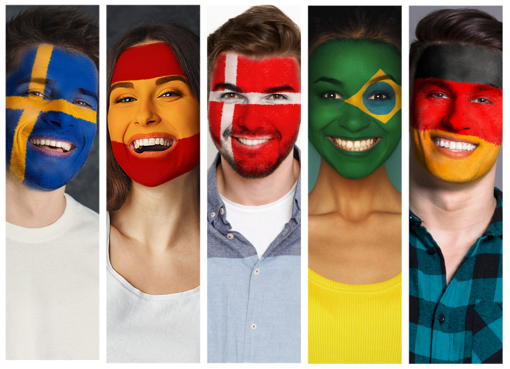 Collage of sport supporters faces painted into various football countries national flags