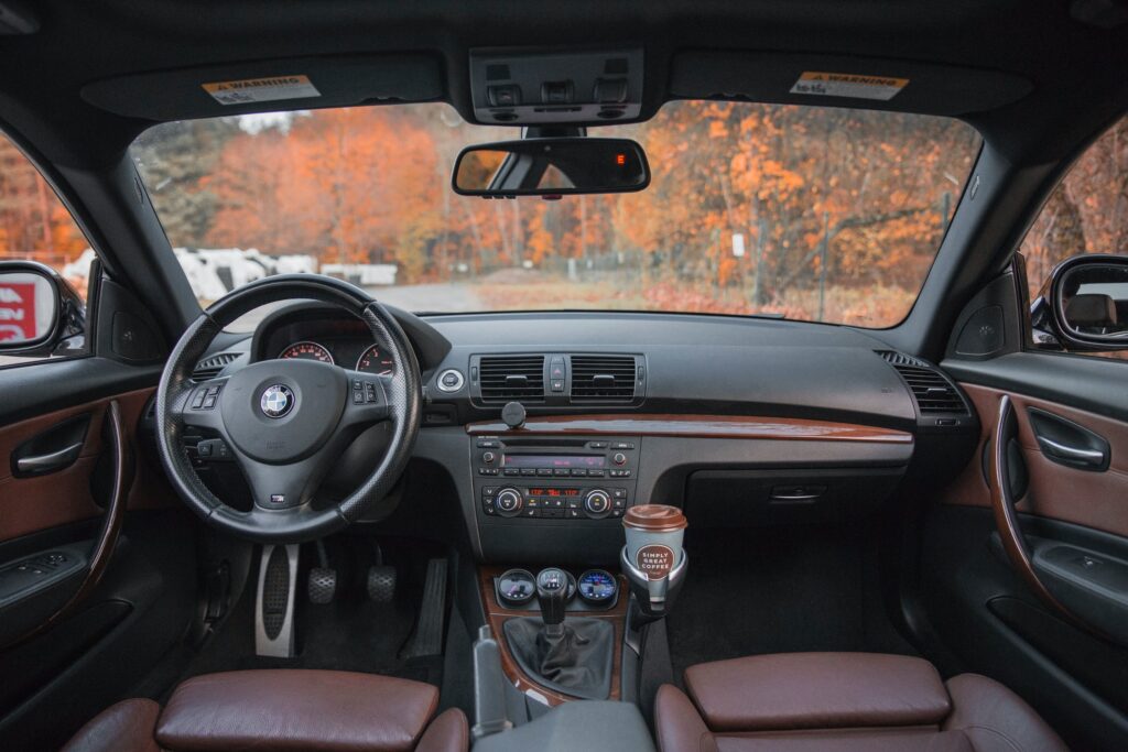 A view from the backseat of a BMW's interior, looking out into an orange autumn background.