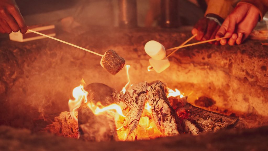 A group of friends holding sticks with marshmallows on them to melt and eat. 