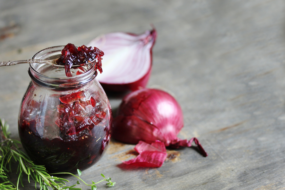 Jarred red onion chutney on a christmas dinner recipes blog.