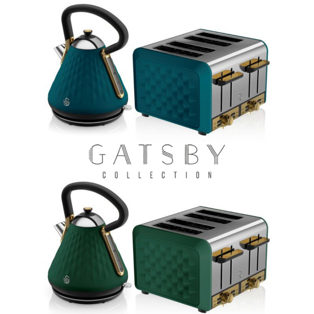 Rich teal and emerald green colour variants of the Gatsby range as a jug kettle and four slice toaster