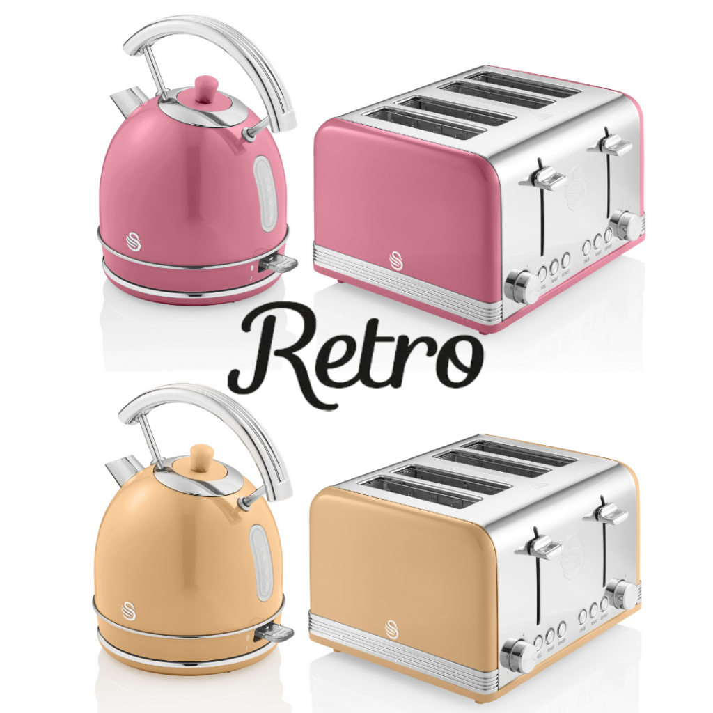 Peach and Cream new Retro Dome Kettle and 4 Slice Toaster variants against a white background