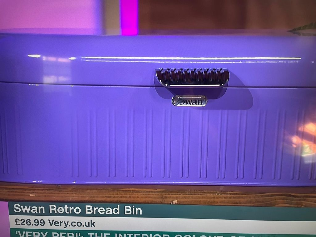 Close up of the Very Peri Retro Bread Bin on the ITV This Morning show