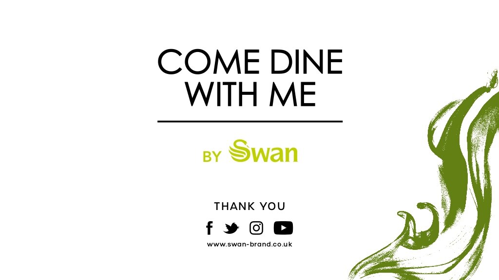 Come Dine With Me by Swan with social media icons against a white background with green accents