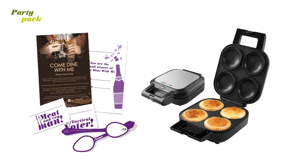 Come Dine With Me Range Party Pack box including games, cut outs of products and a recipe booklet